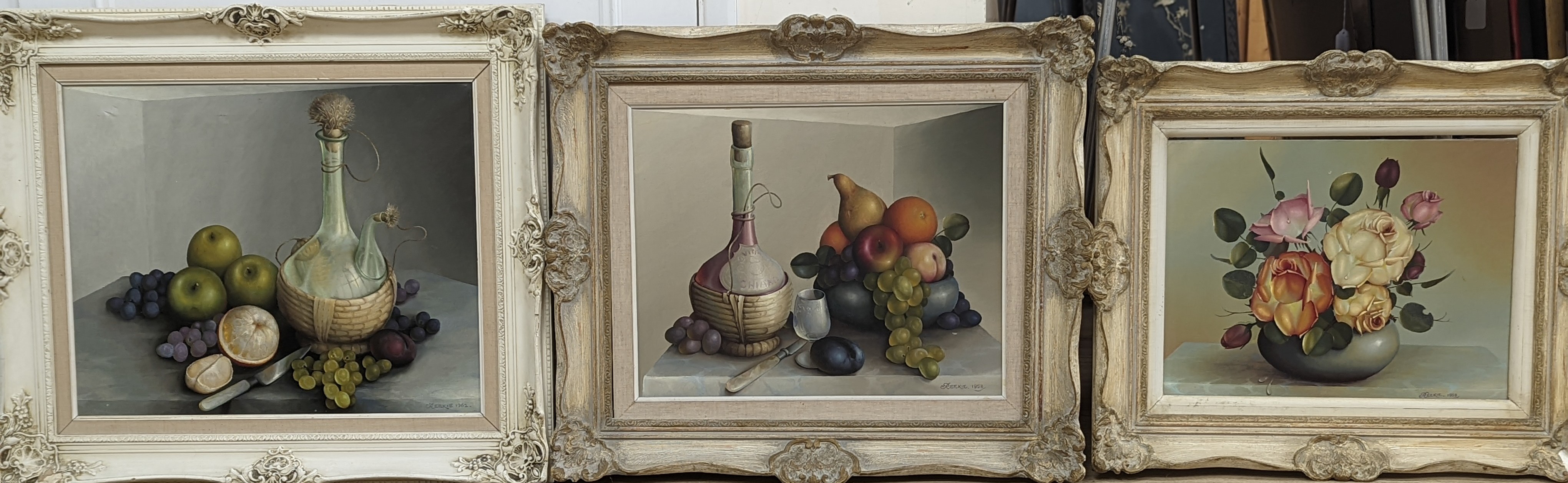 William Maxwell Reekie (1869-1948), three oils on canvas, Still lifes of flowers and fruit, signed and dated c.1960, largest 45 x 55cm